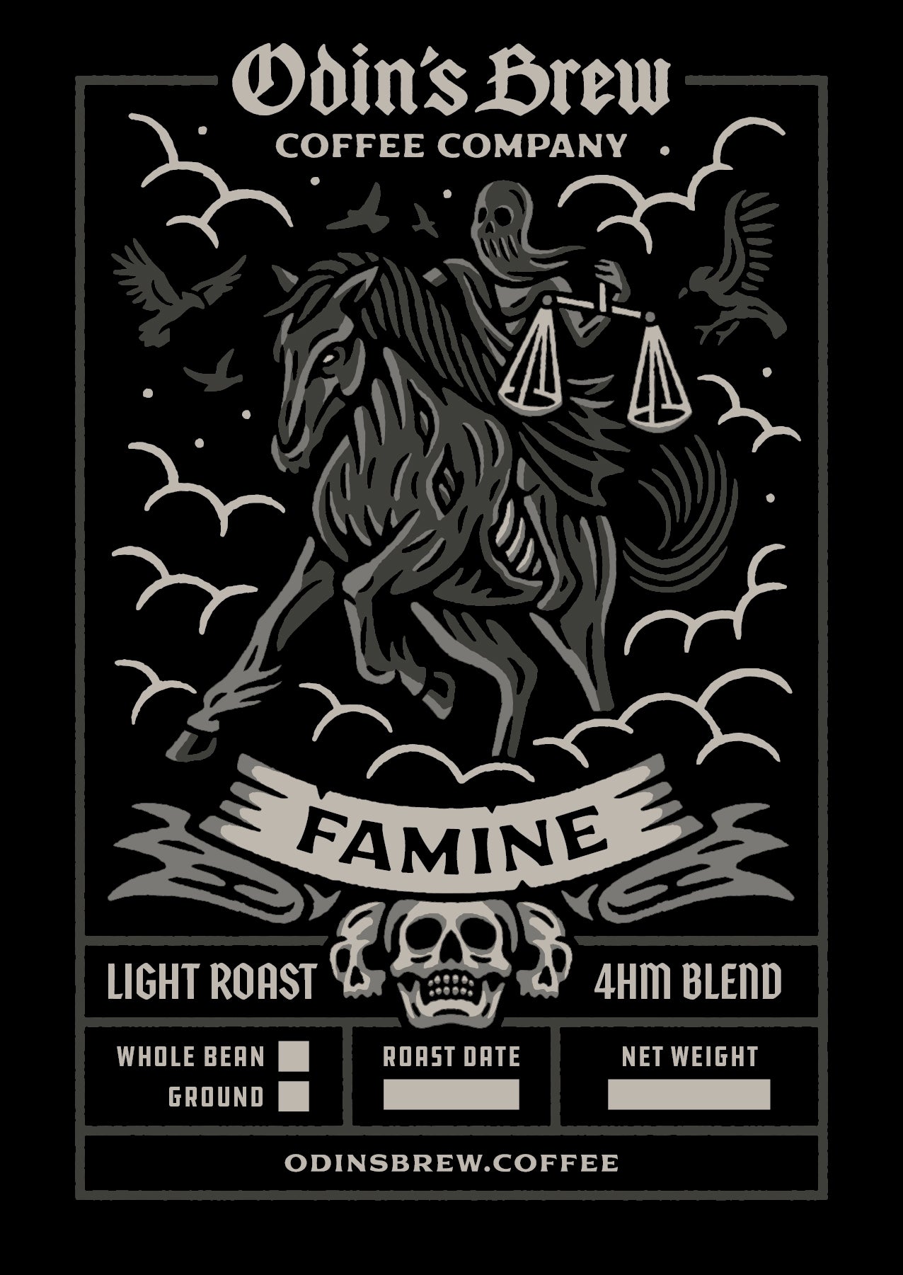 Odin's Brew Coffee Company Famine light roast coffee blend label with horse and skeleton design.